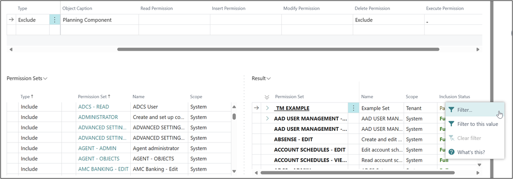 filtering inclusions on permission sets Business Central