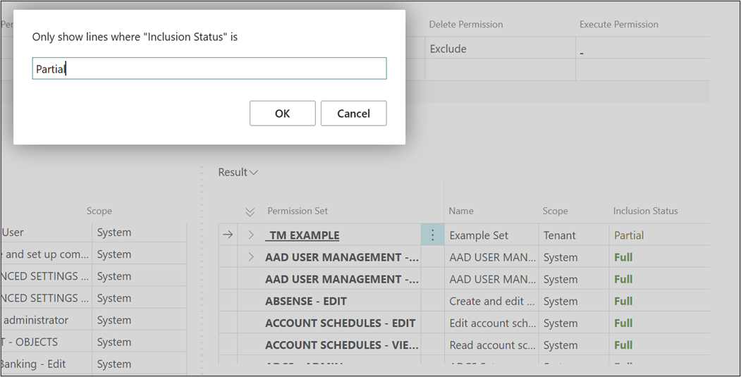 partial inclusion status Business Central