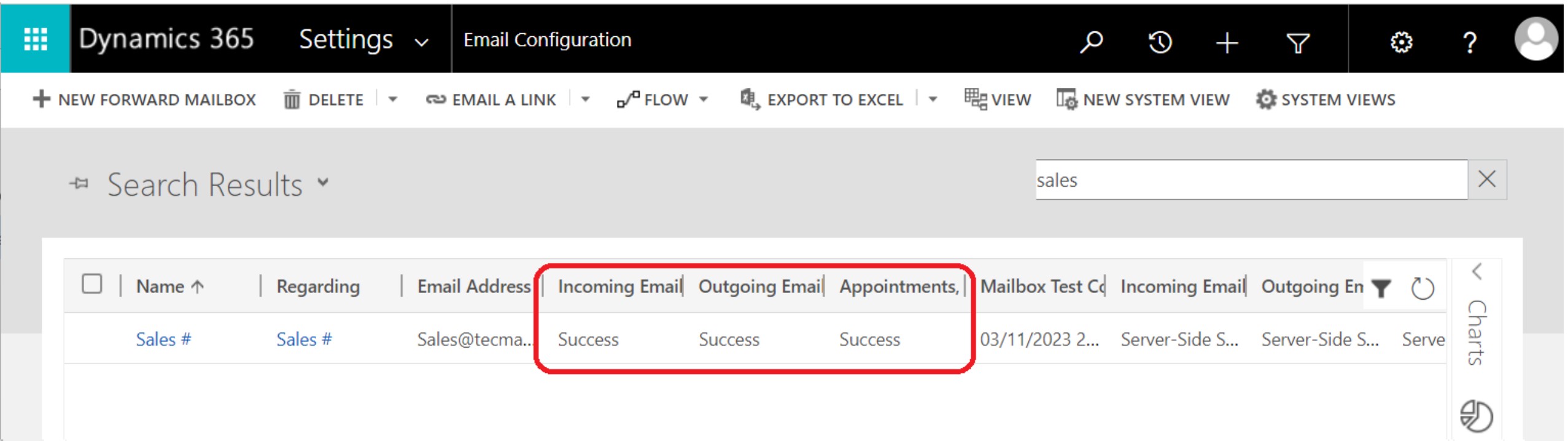 Screenshot showing the successful testing and enabling of the mailbox in Dynamics 365 CRM.
