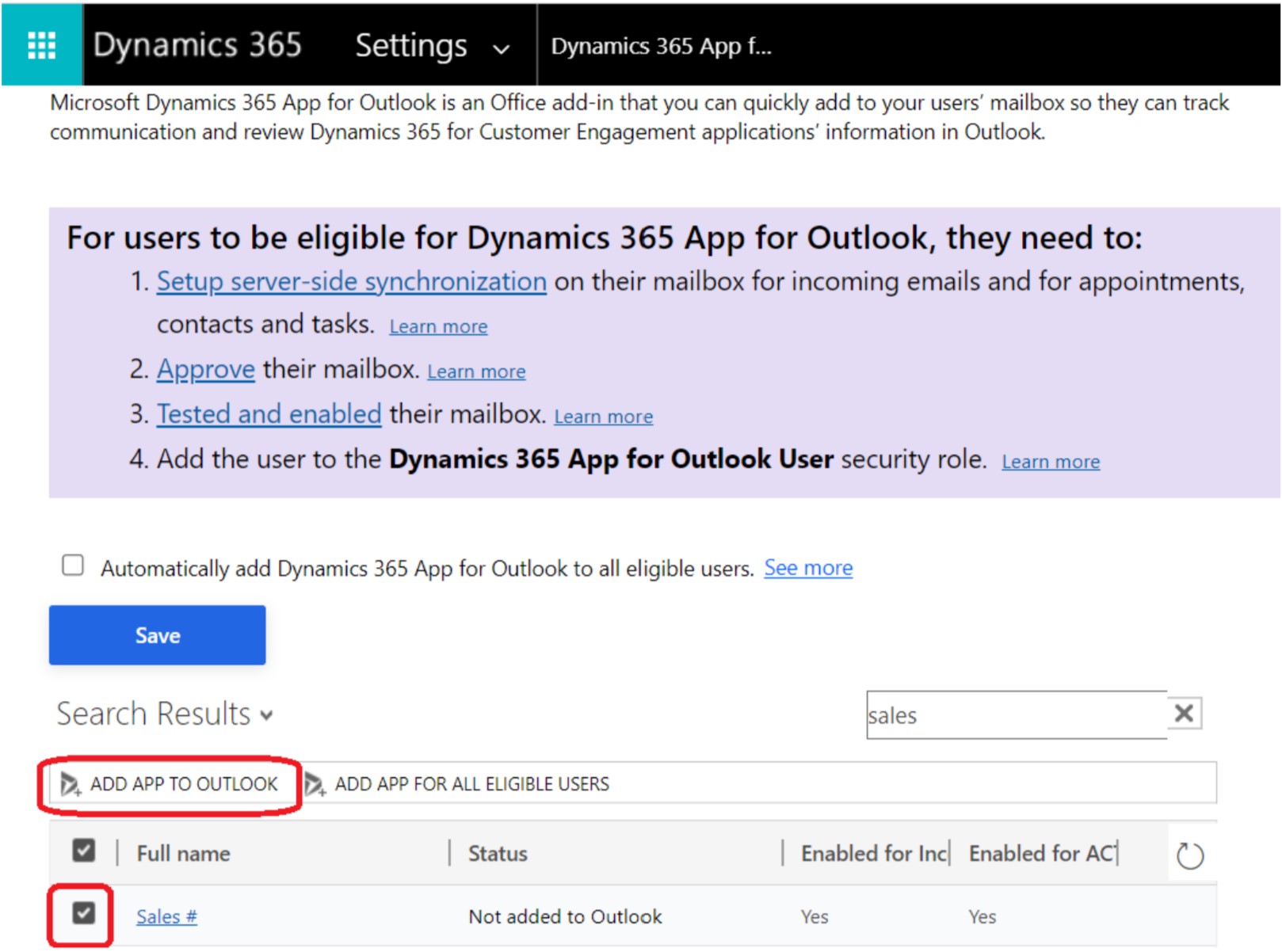 Screenshot showing how to add the Dynamics 365 App for Outlook for eligible users.