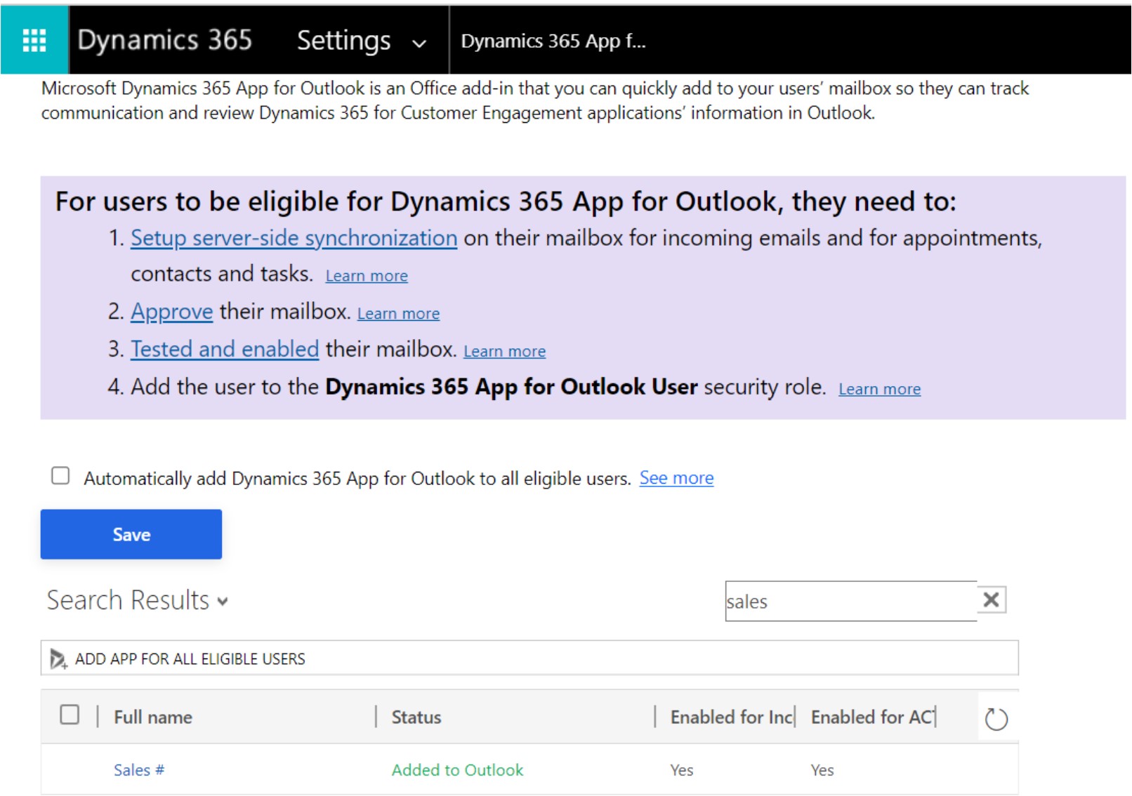 Screenshot showing that Dynamics 365 App has been successfully added to Outlook.