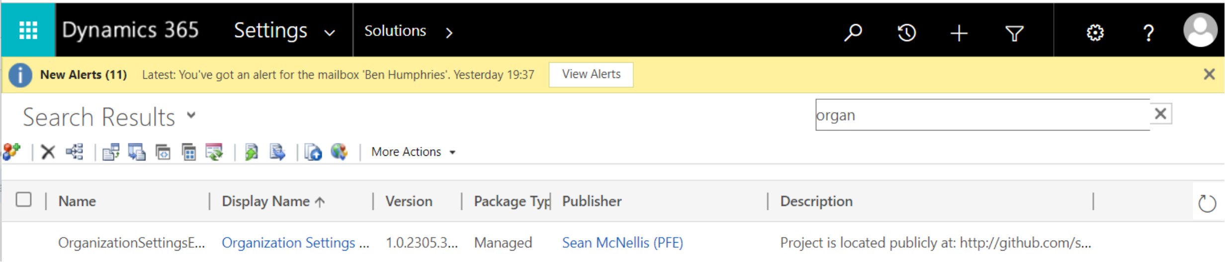 Screenshot showing how to update the solution via the legacy interface on Dynamics 365 CRM.