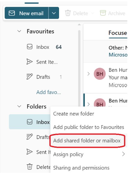 Screenshot demonstrating how to add a mailbox to Outlook.
