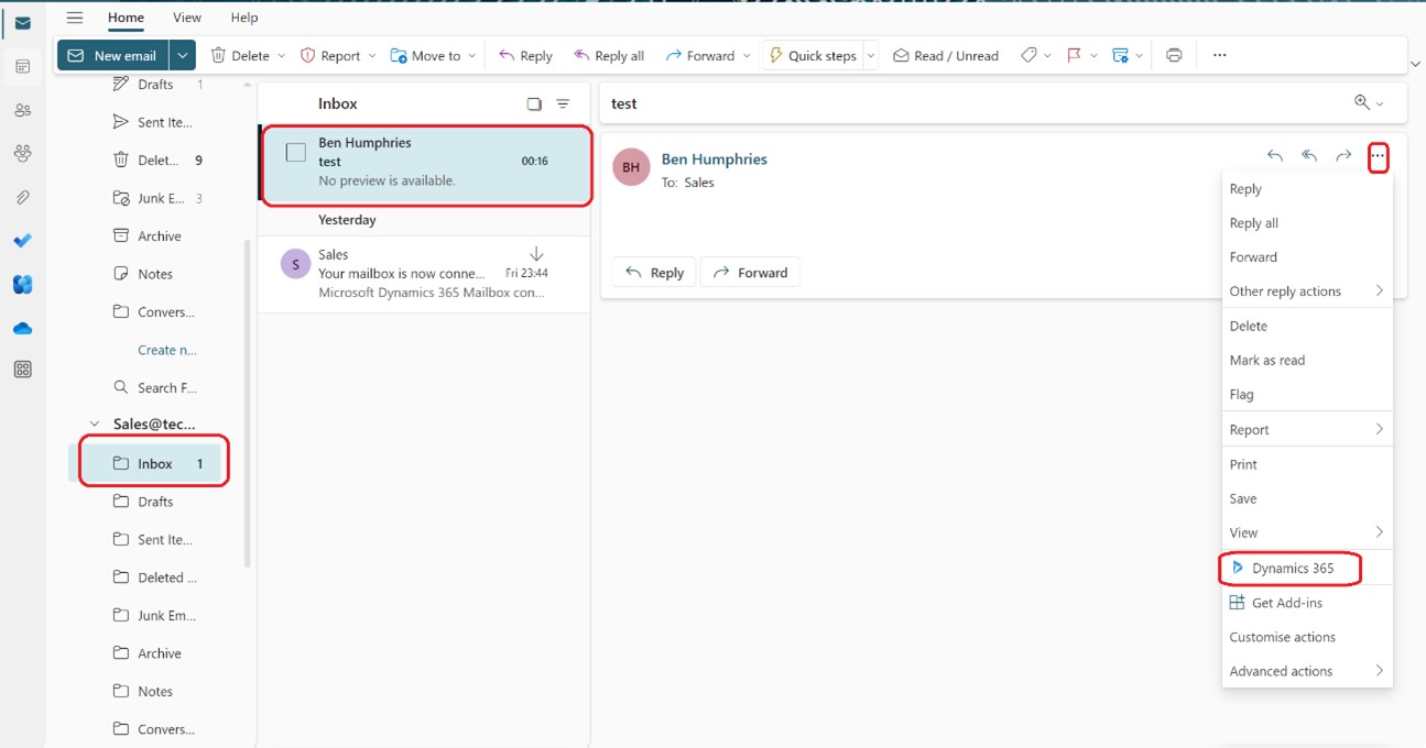 Screenshot showing mailbox in Dynamics 365 Outlook