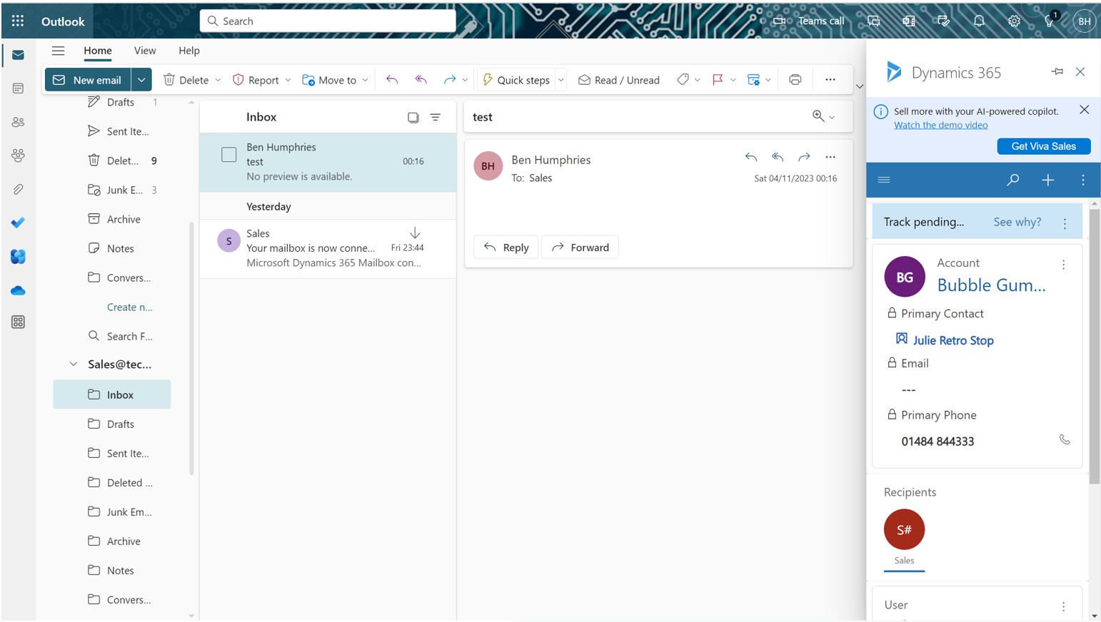 Screenshot showing the process add the mailbox into Dynamics 365 CRM.