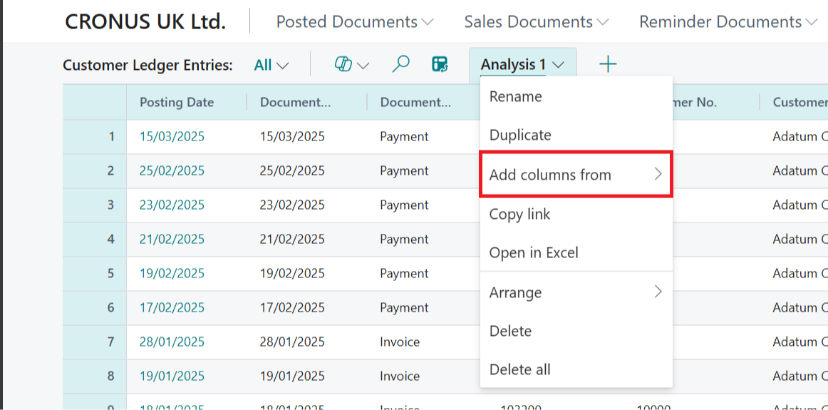 add columns from business central