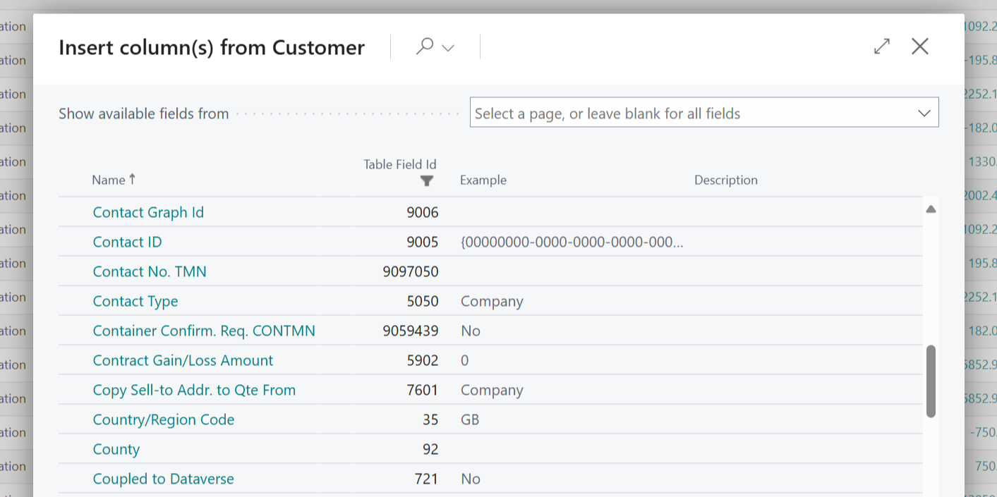 insert columns from customer business central
