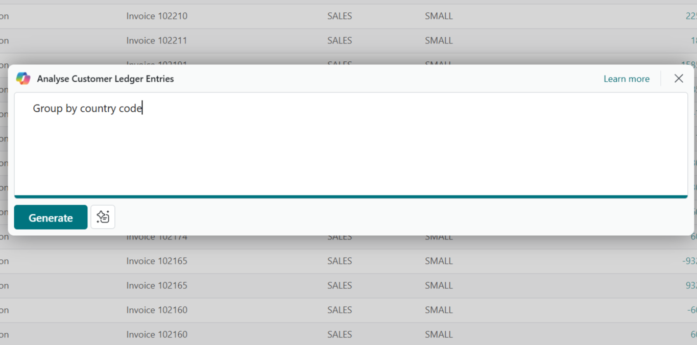 Microsoft Copilot customer ledger entries