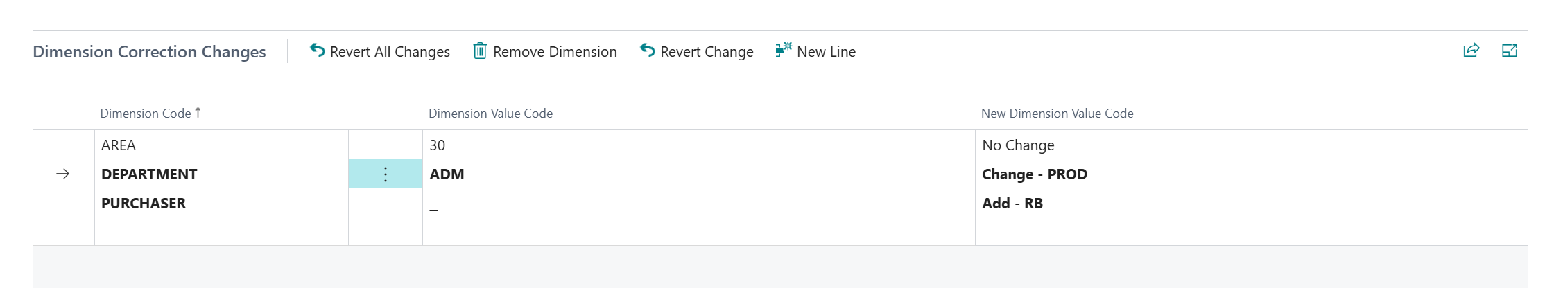 dimension correction Business Central