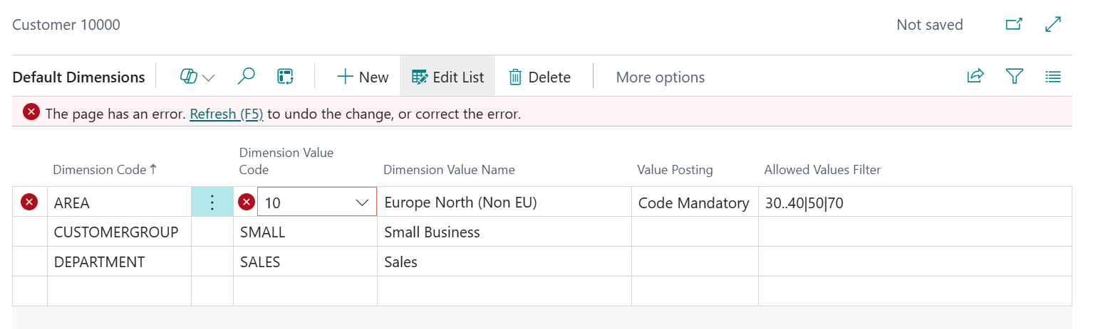 default dimensions Business Central