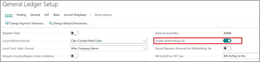 Enable witholding tax in Business Central