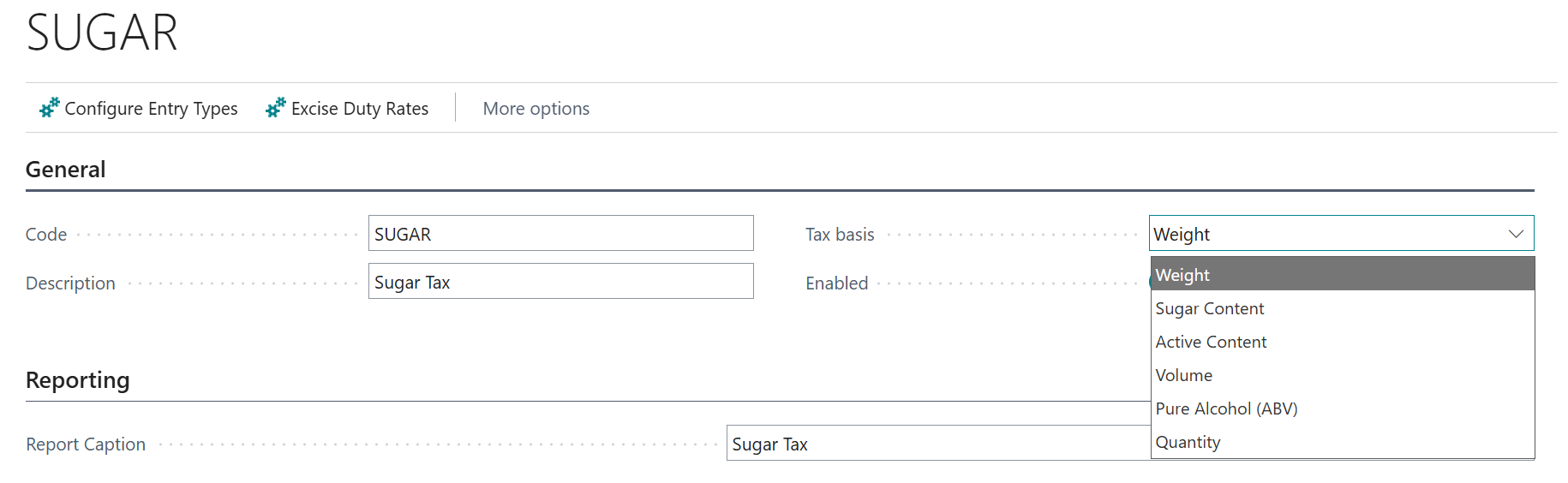excise tax Business Central