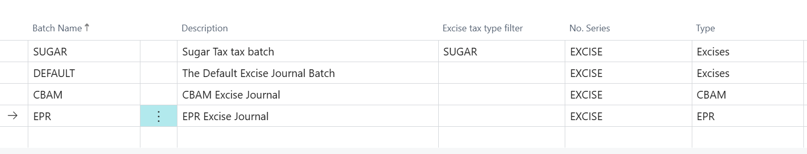 excise journal Business Central