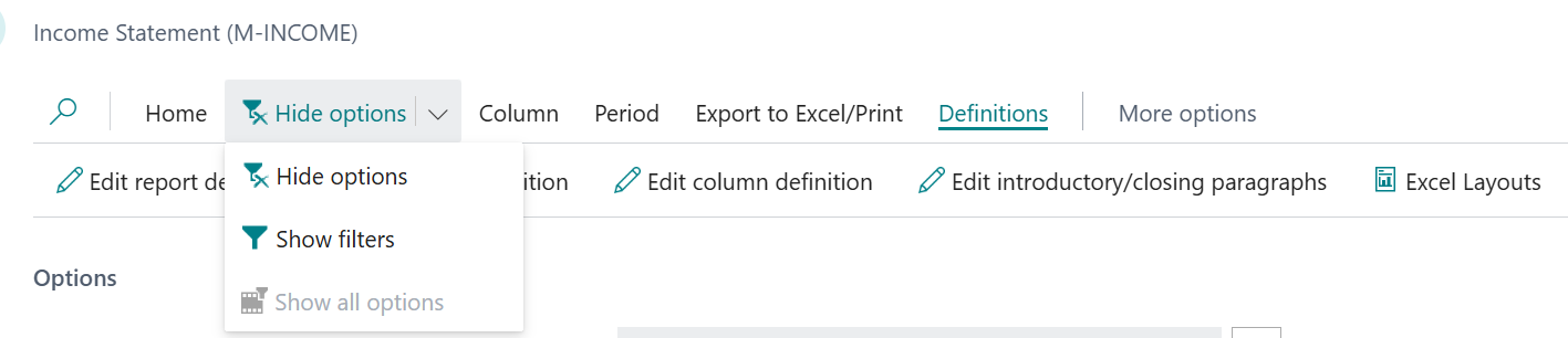 hide options business central