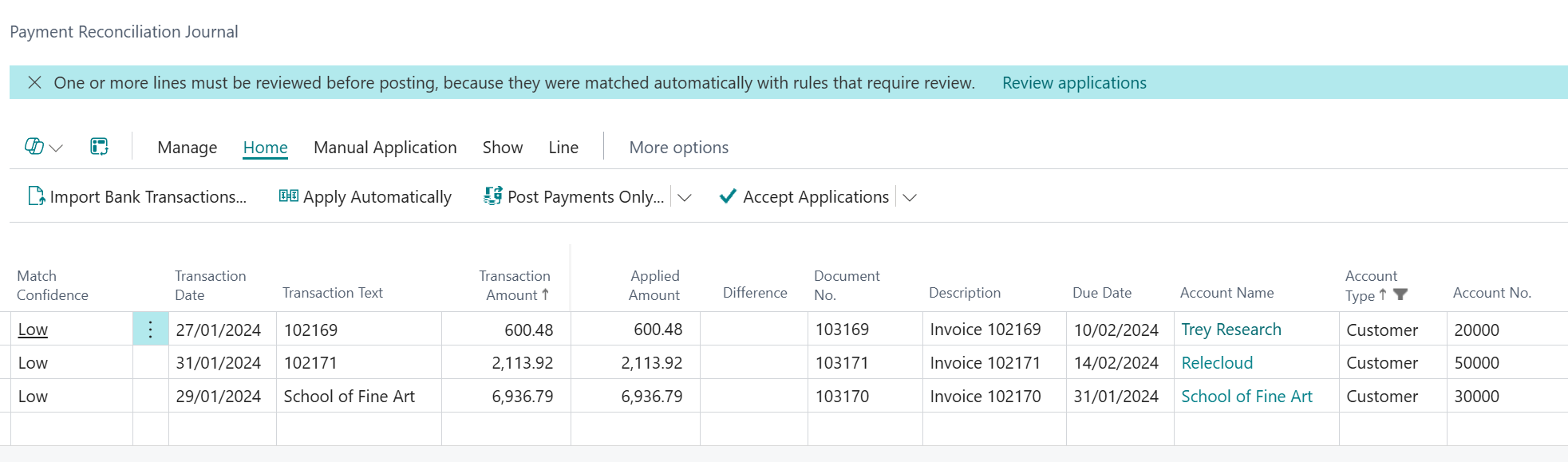 payment application rules business central