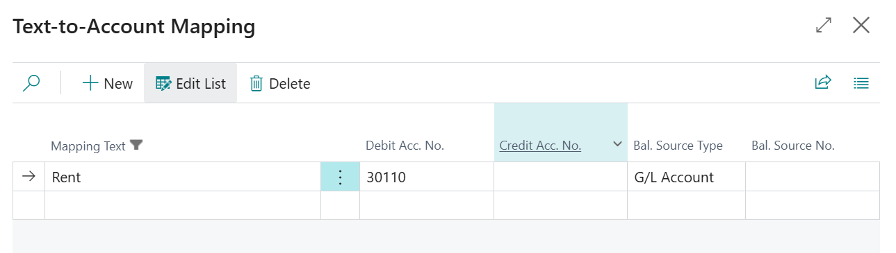text to account mapping business central