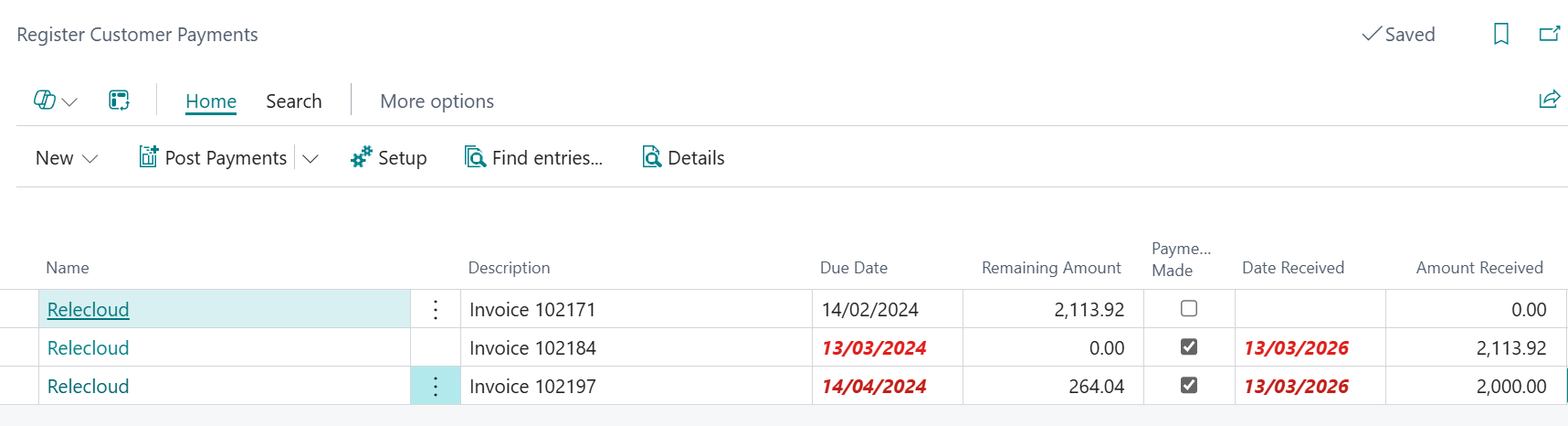 register customer payments business central