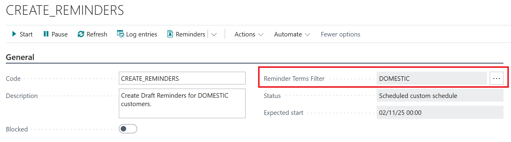reminder terms filter business central
