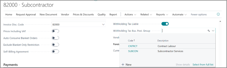 Subcontractor card in Business Central