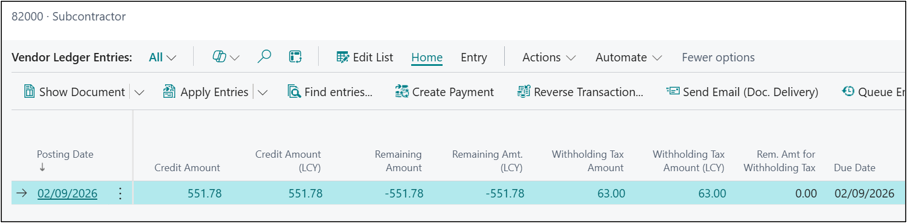 Updated vendor ledger entries in Business Central