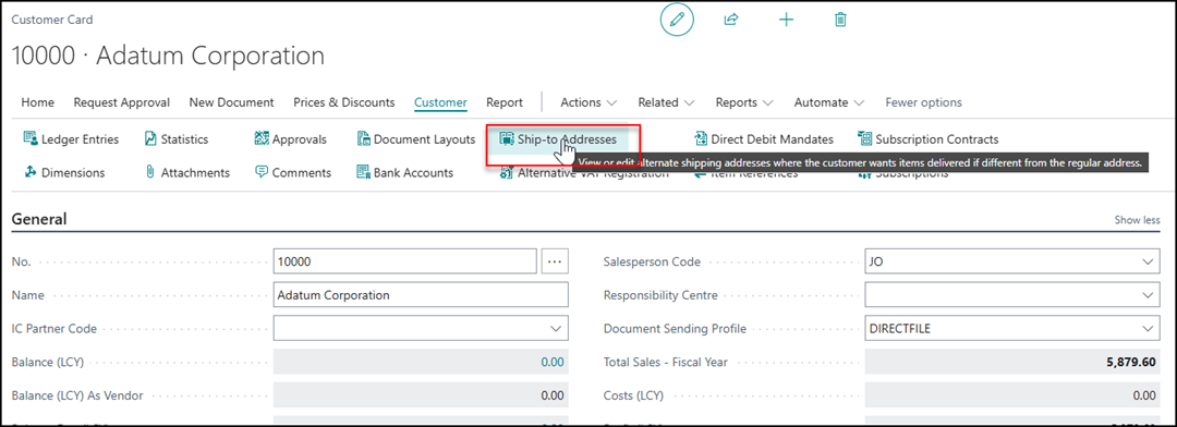 ship to addresses Business Central