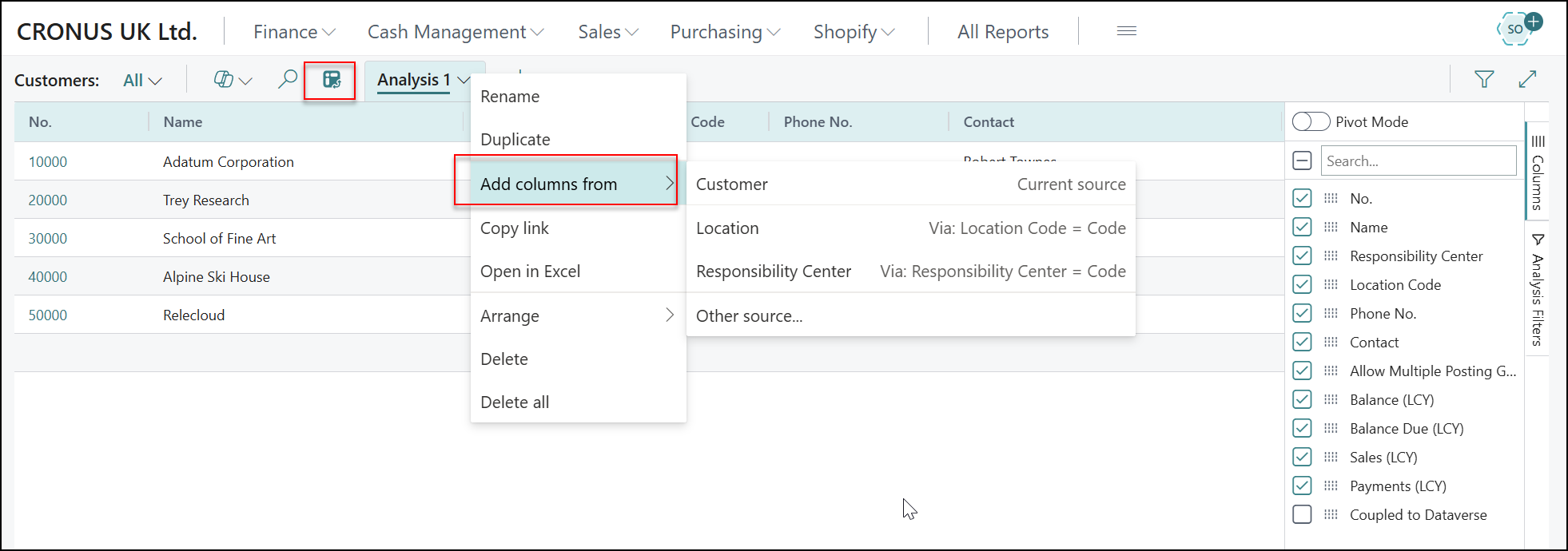add columns from Business Central