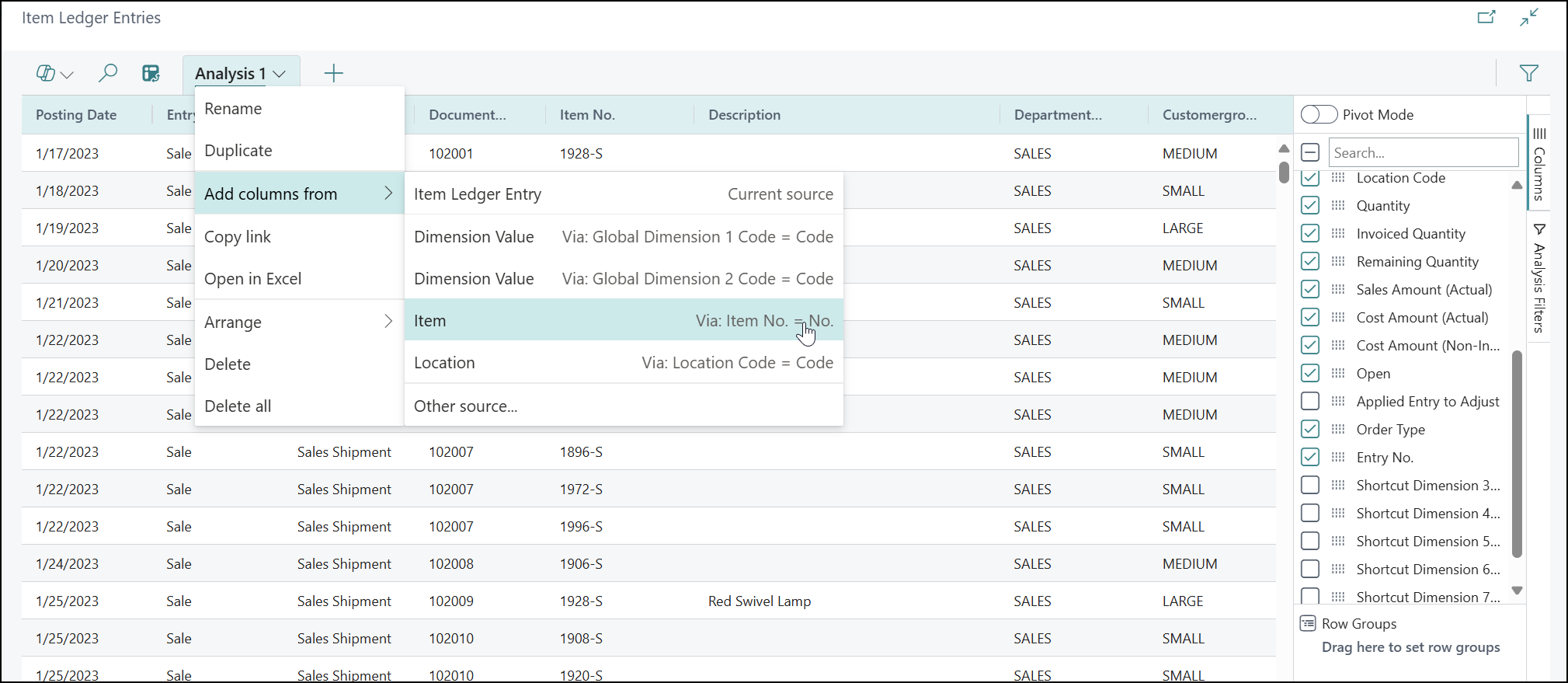 item ledger entries Business Central