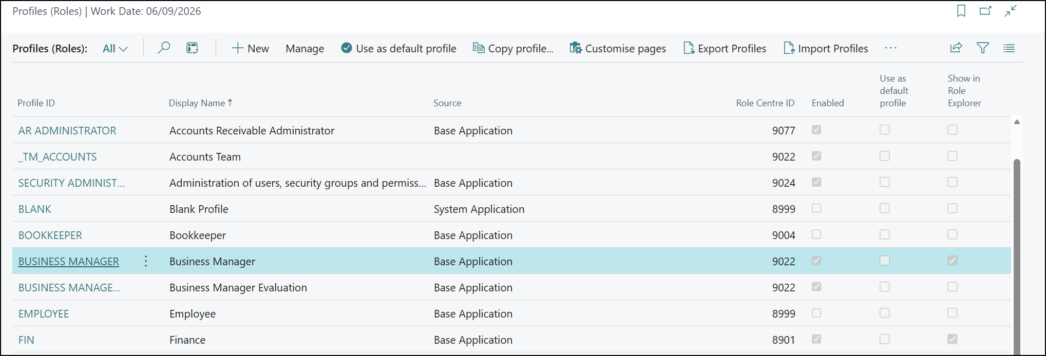 profiles roles Business Central