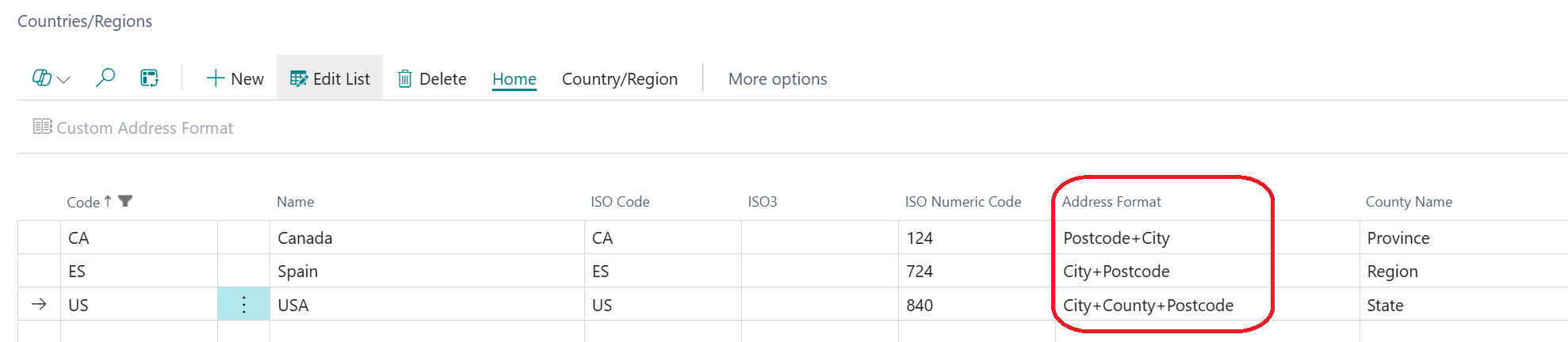 address format Business Central