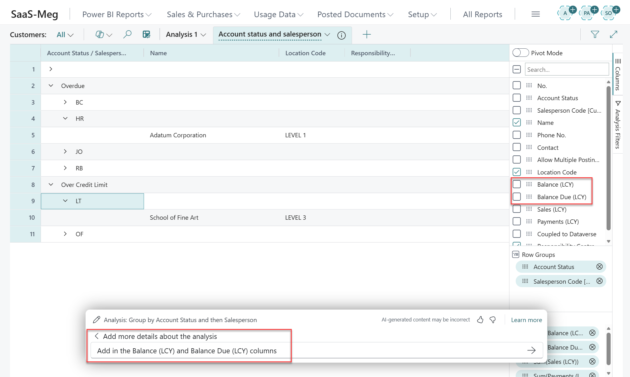 adding columns Business Central analyse list