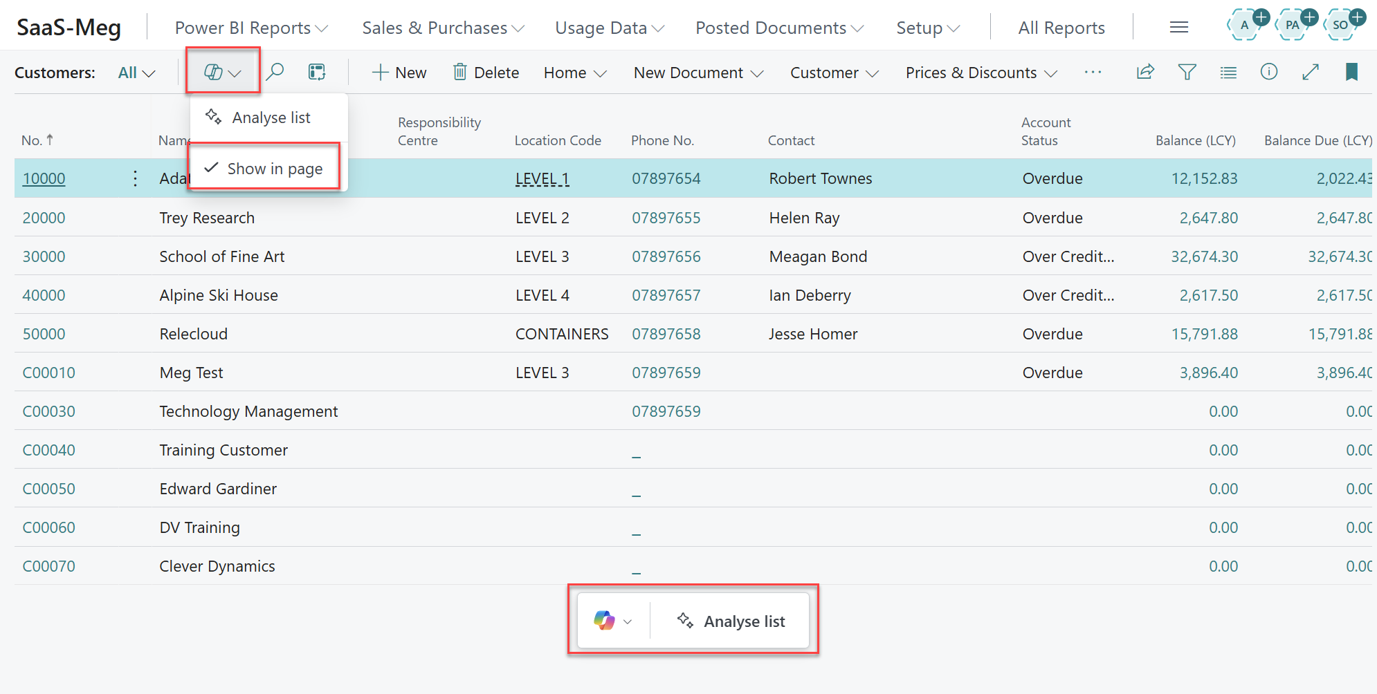 analyse view show in page business central
