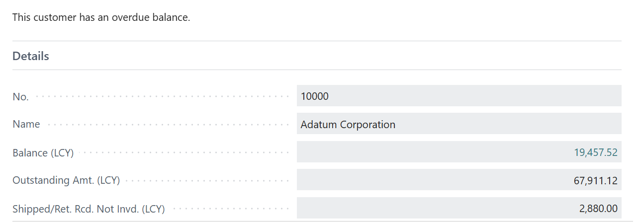 credit warning Business Central