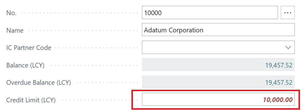 customer card credit limit Business Central