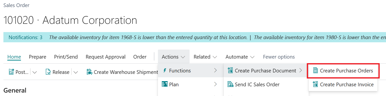 sales lines drop shipments Business Central