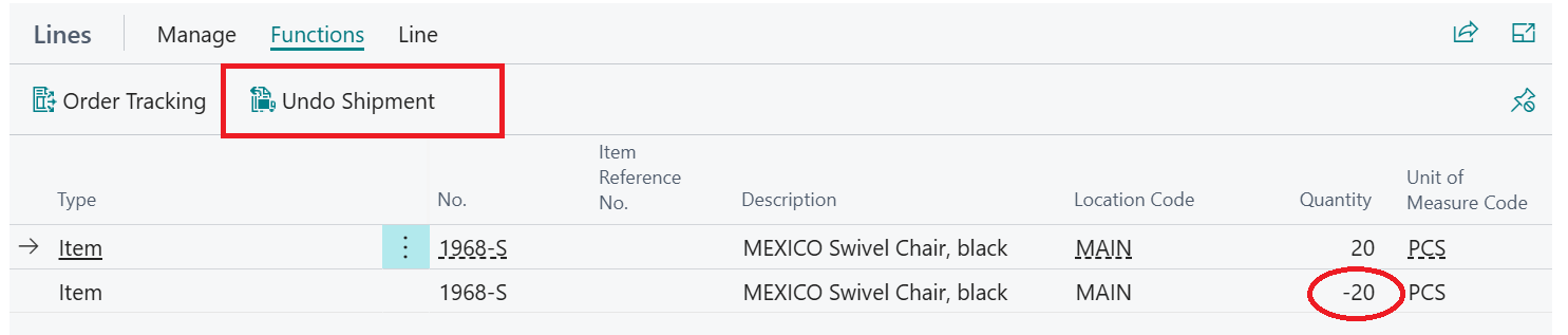undo shipment business central