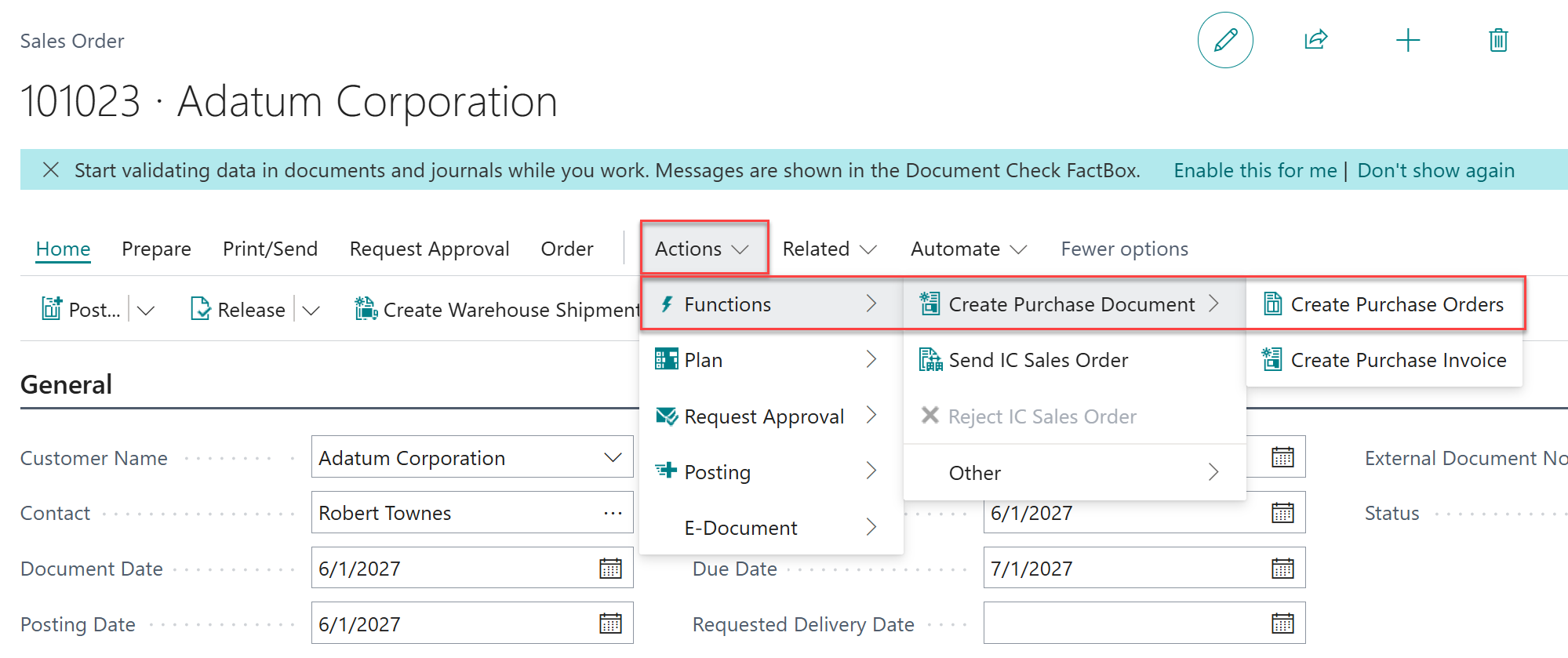create purchase order Business Central