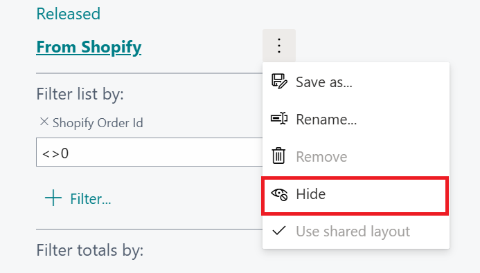 hiding a list view business central