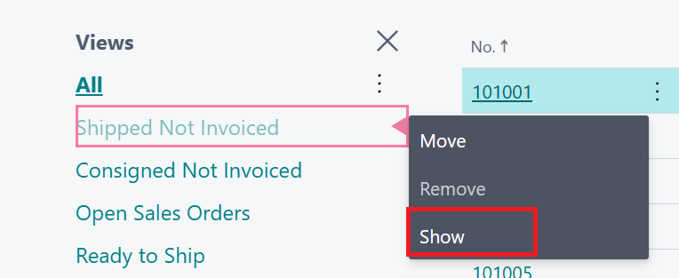 unhide list view business central
