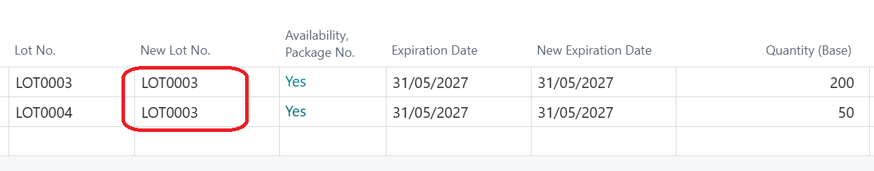 merge new existing lots Business Central