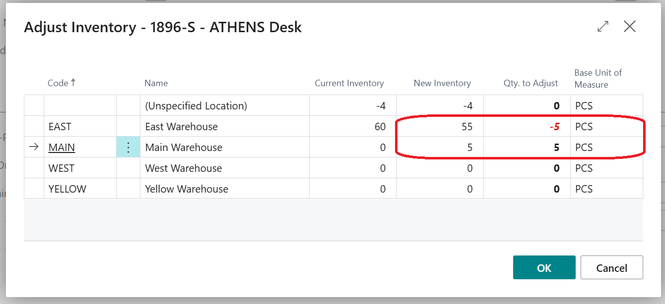 adjust inventory Business Central