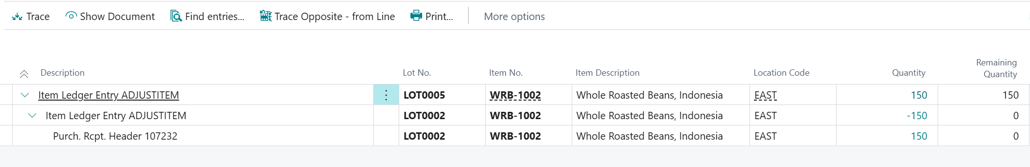 item tracing page Business Central