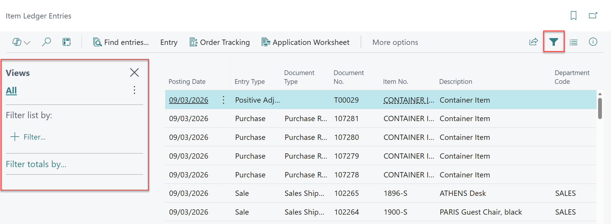 item ledger filters Business Central