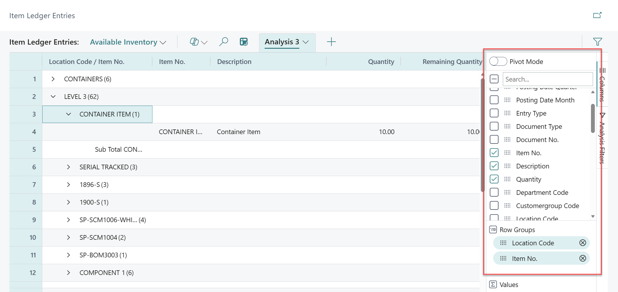 analysis view Business Central