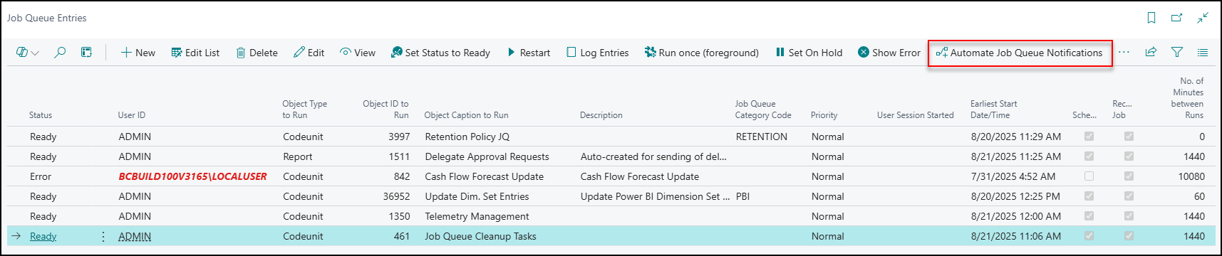 automate job queue notifications Business Central