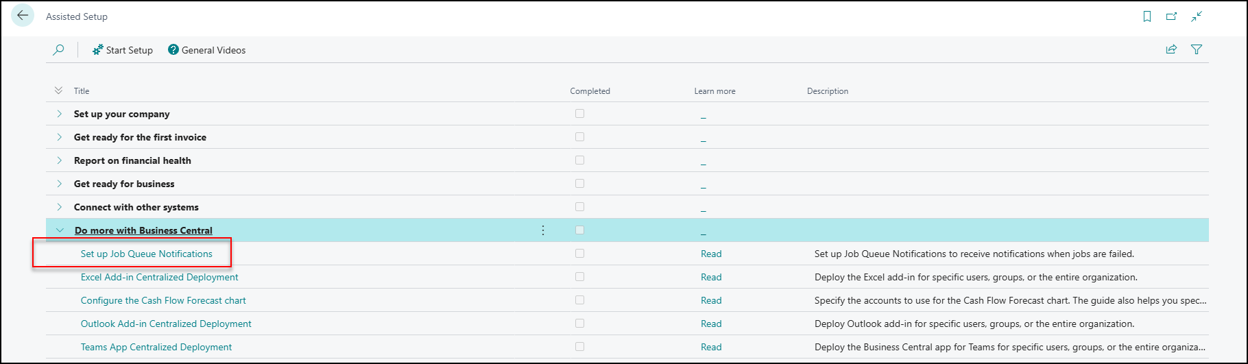 job queue notifications Business Central