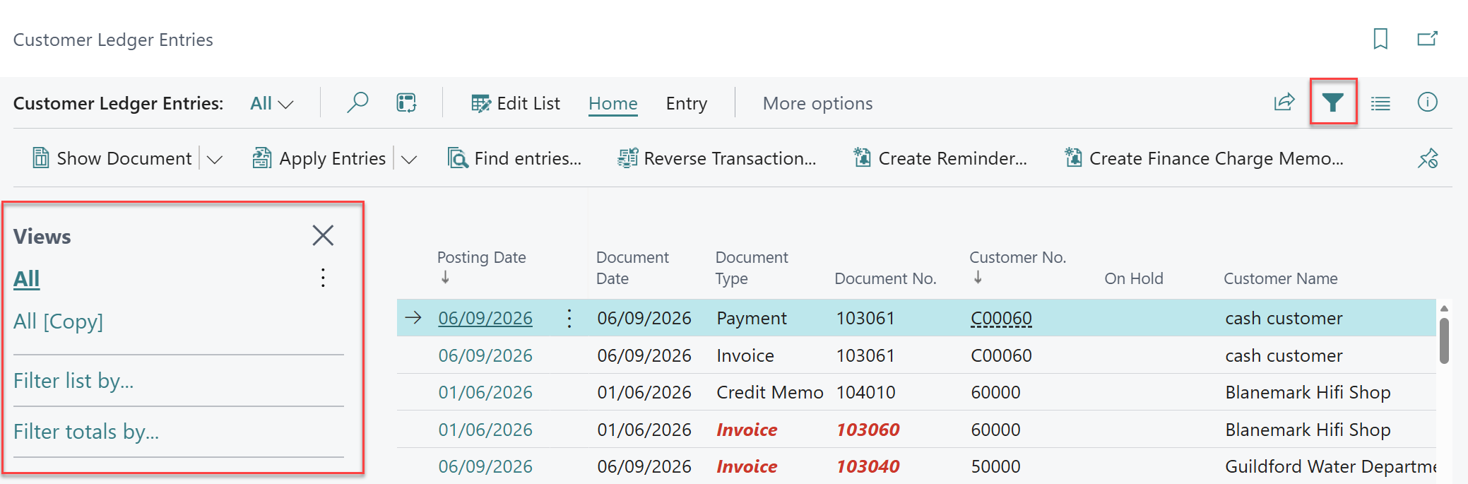 ledger filters business central