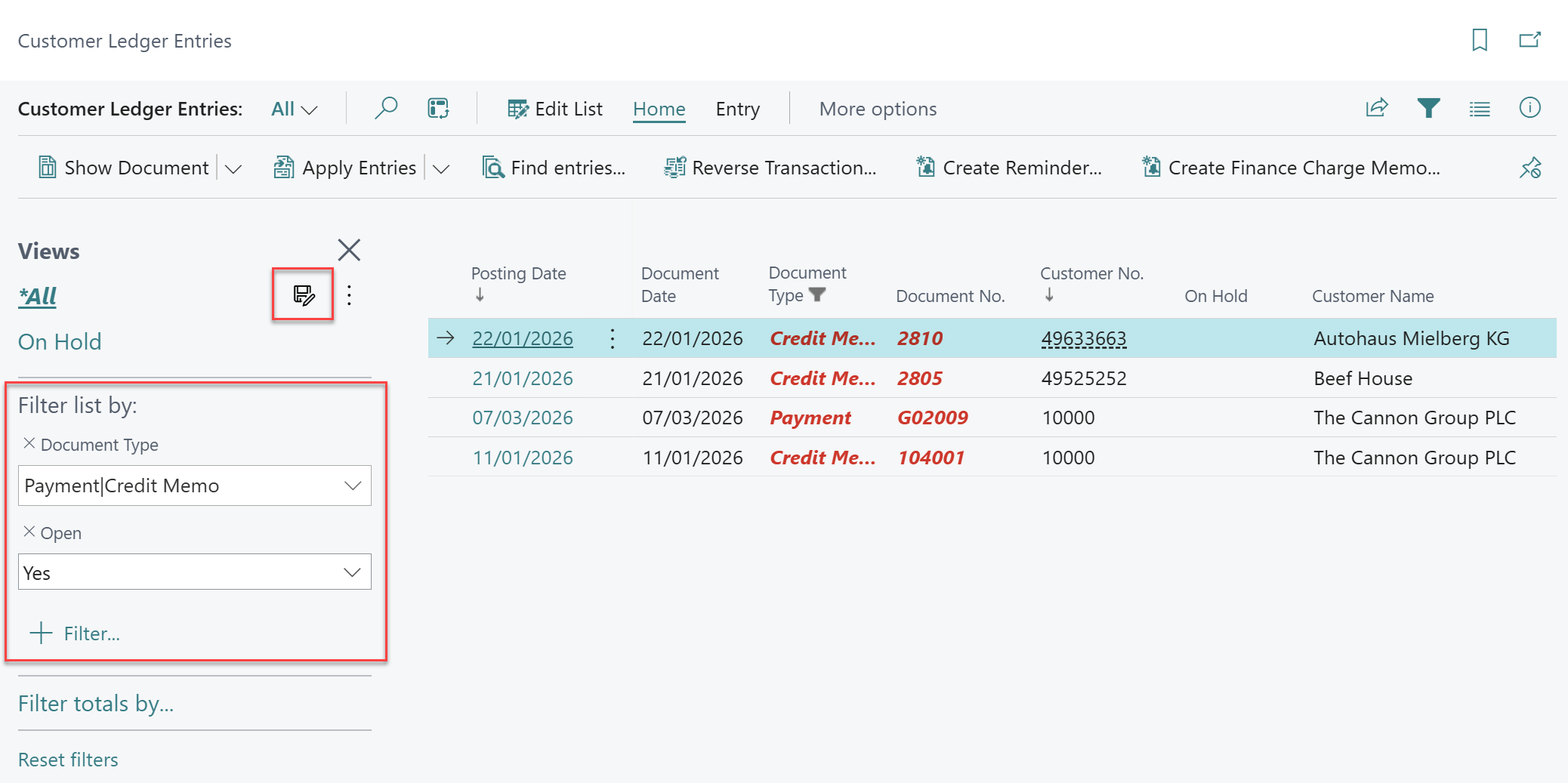 credit memos and payments filter business central