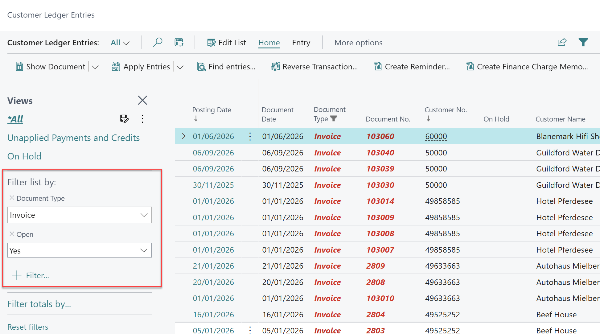 open invoice filer business central