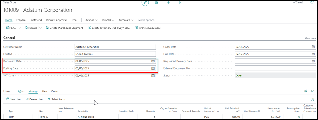 document date unlink Business Central