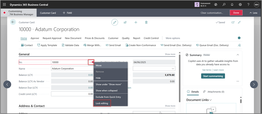 Customer Card Business Central
